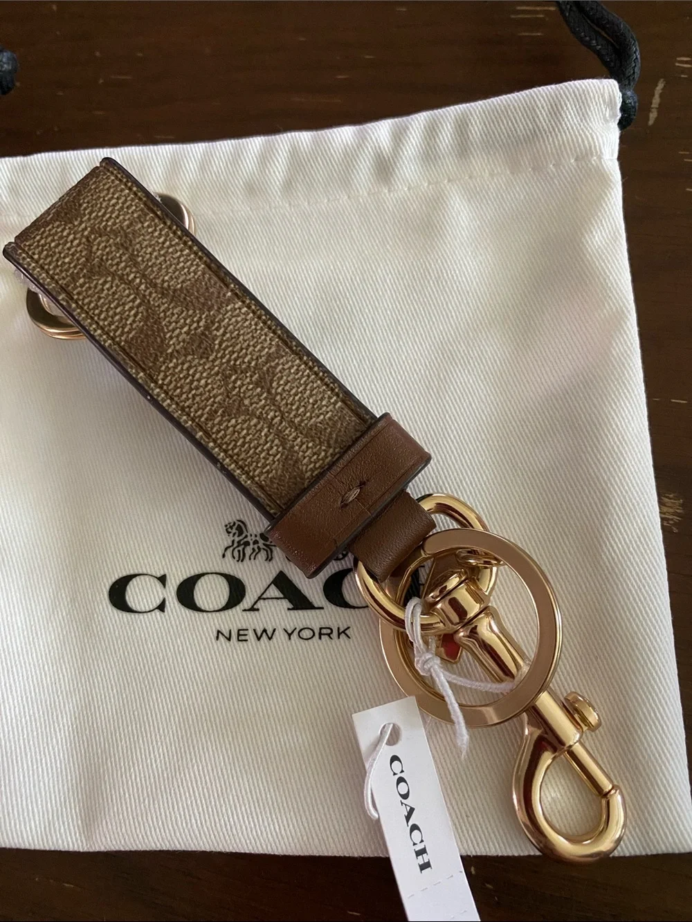 NWOT Coach Brown Signature Canvas & Leather Keychain with Gold Hardware